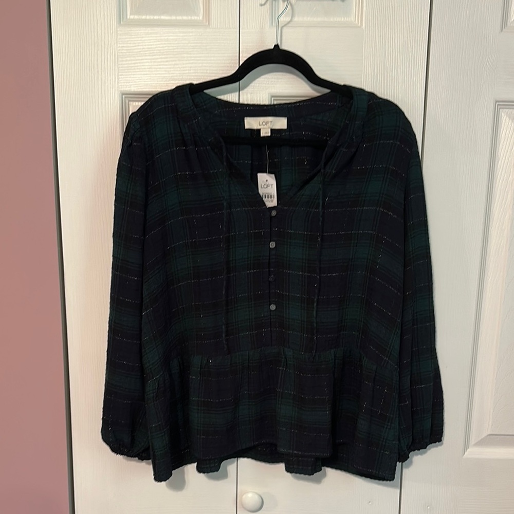 LOFT Green and Navy Plaid Peplum Top